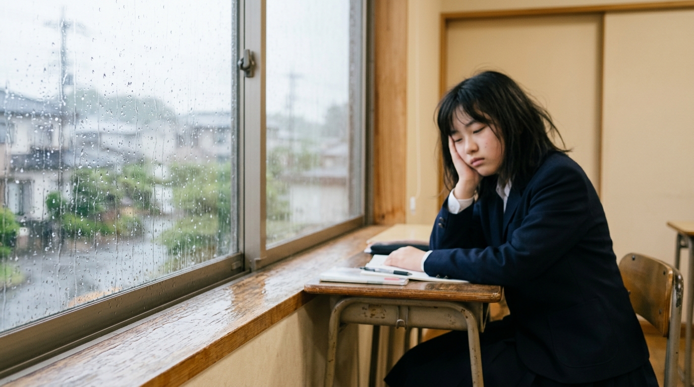 雨の窓辺で頭を押さえる小学生