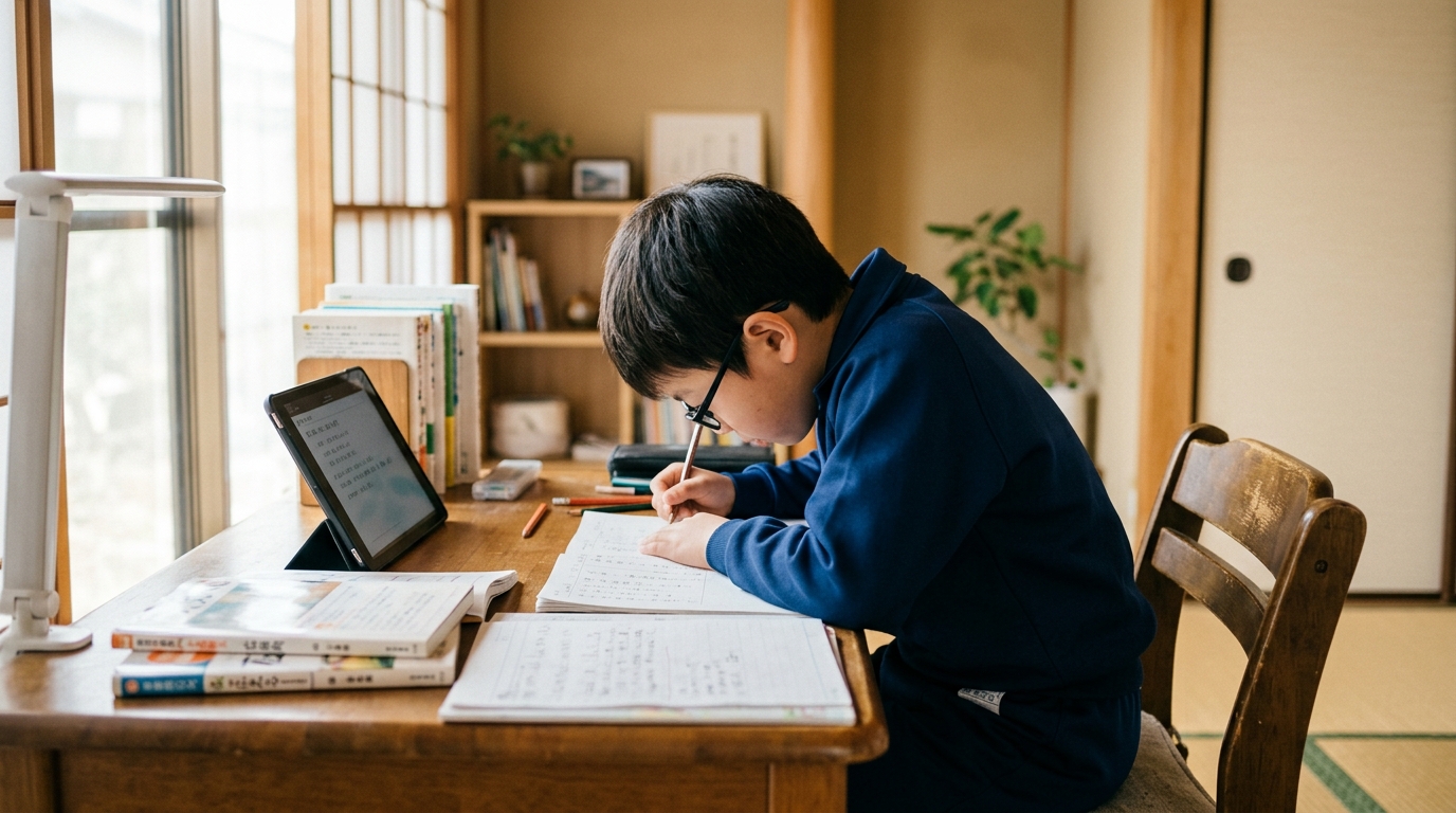 前かがみで長時間勉強する子供
