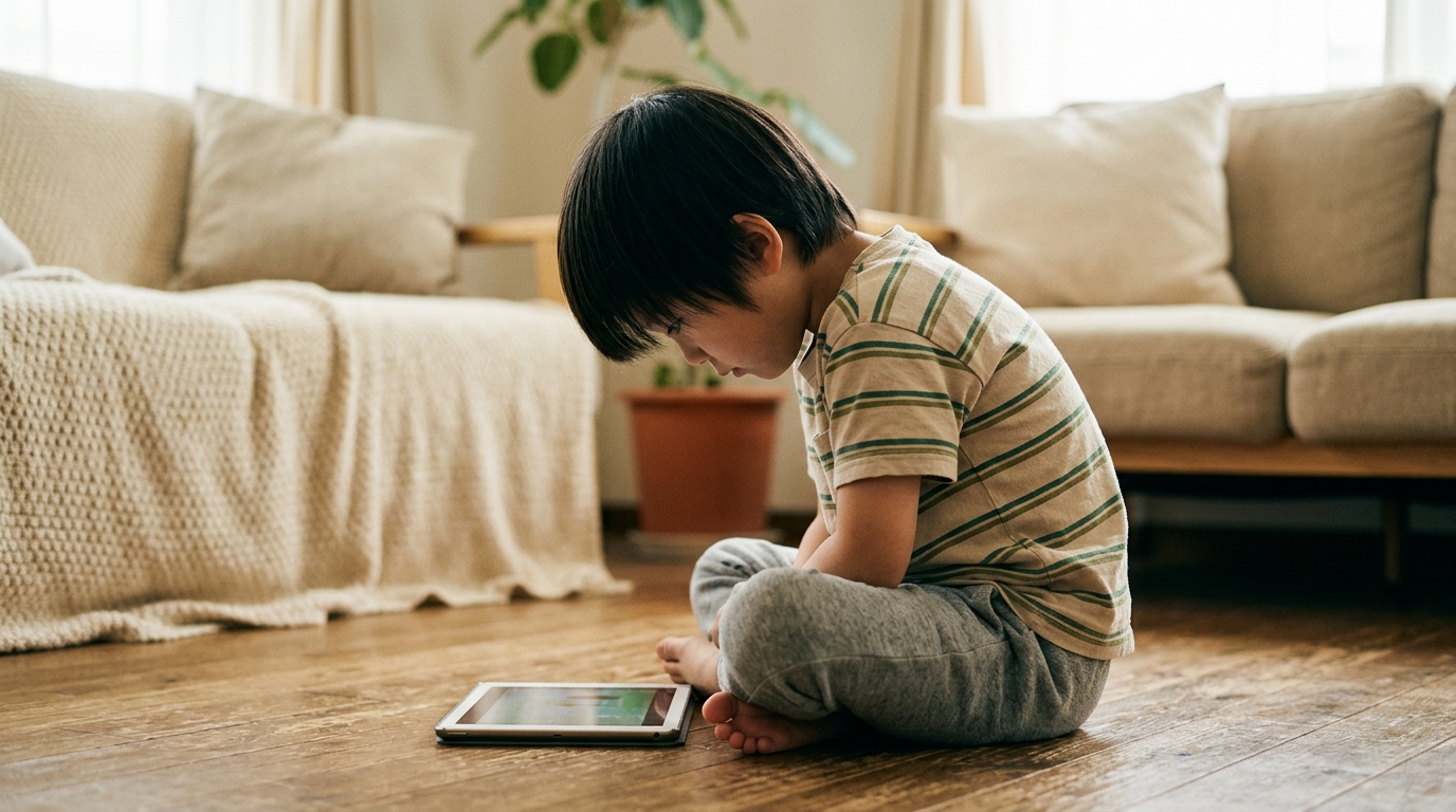 長時間座ってお腹が縮こまる子供