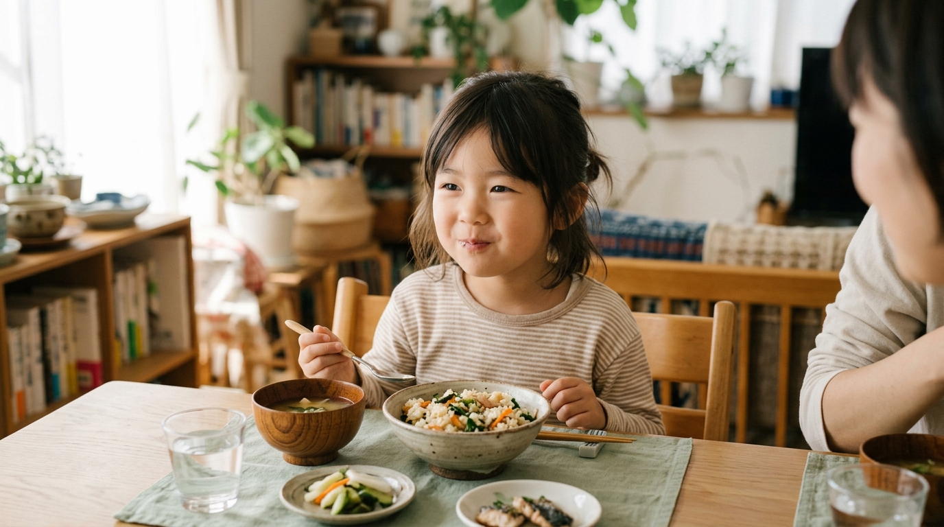 家族で食卓を囲みよく噛んで食事する子供