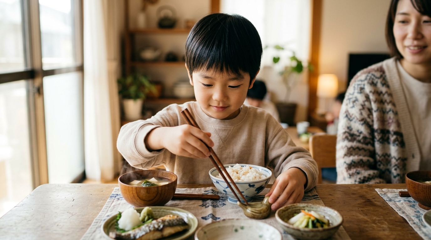 一口食べたら箸を置く子供