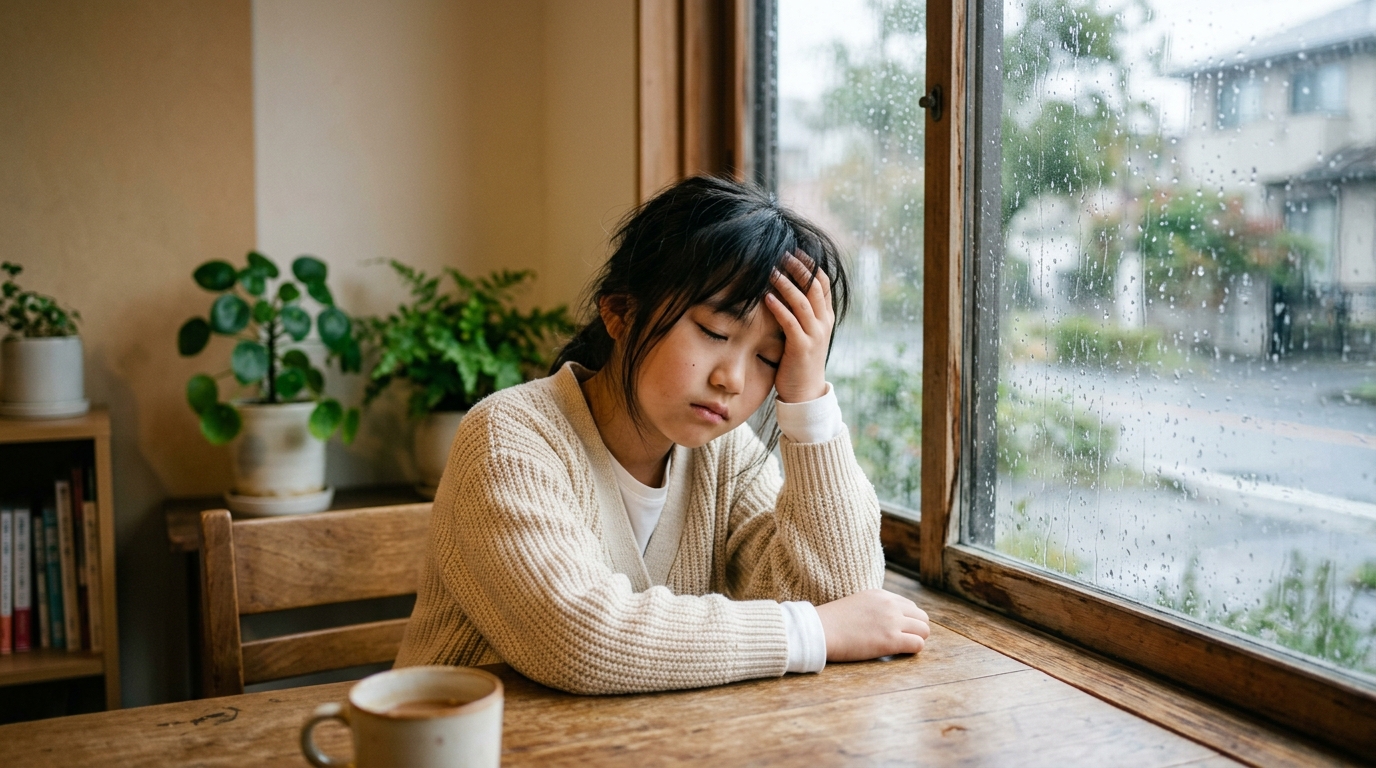 雨の日に頭痛でつらそうな小学生の女の子