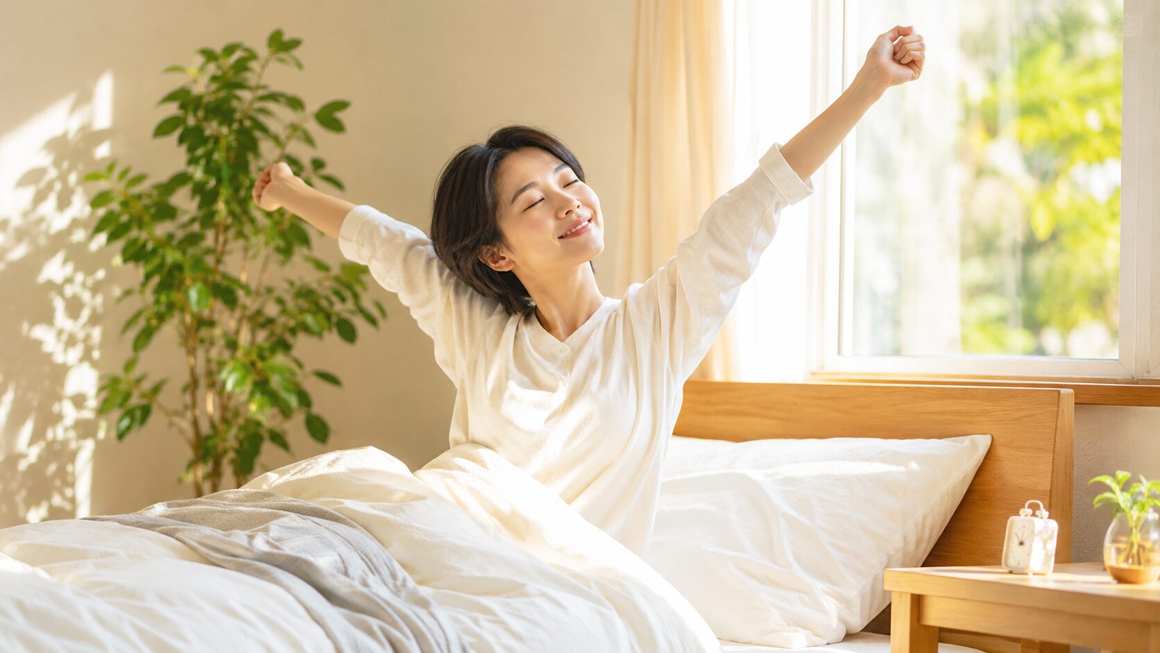 朝の光が差し込む寝室で気持ちよく目覚める人