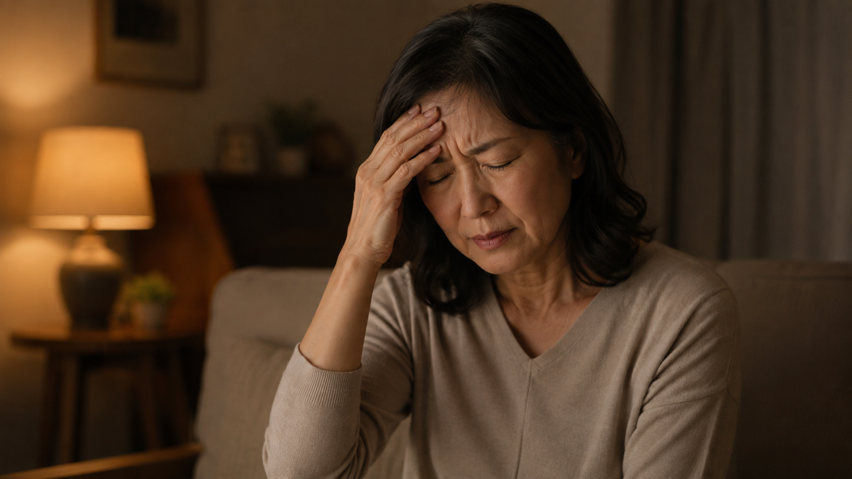 頭を押さえてつらそうな50代女性