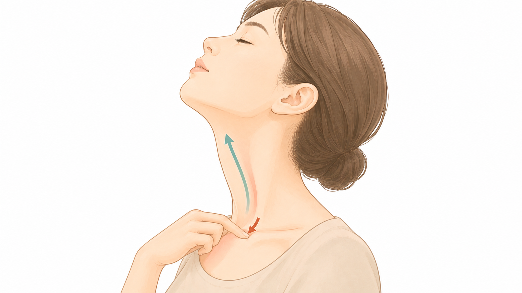 鎖骨の内側に指を引っ掛けて頭を後ろに倒すやり方のイラスト