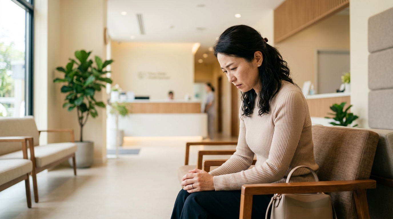 病院で検査を受けたあと不安そうにしている人