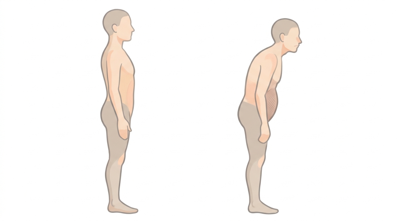 お腹が硬いと前かがみになり首が前に出る図