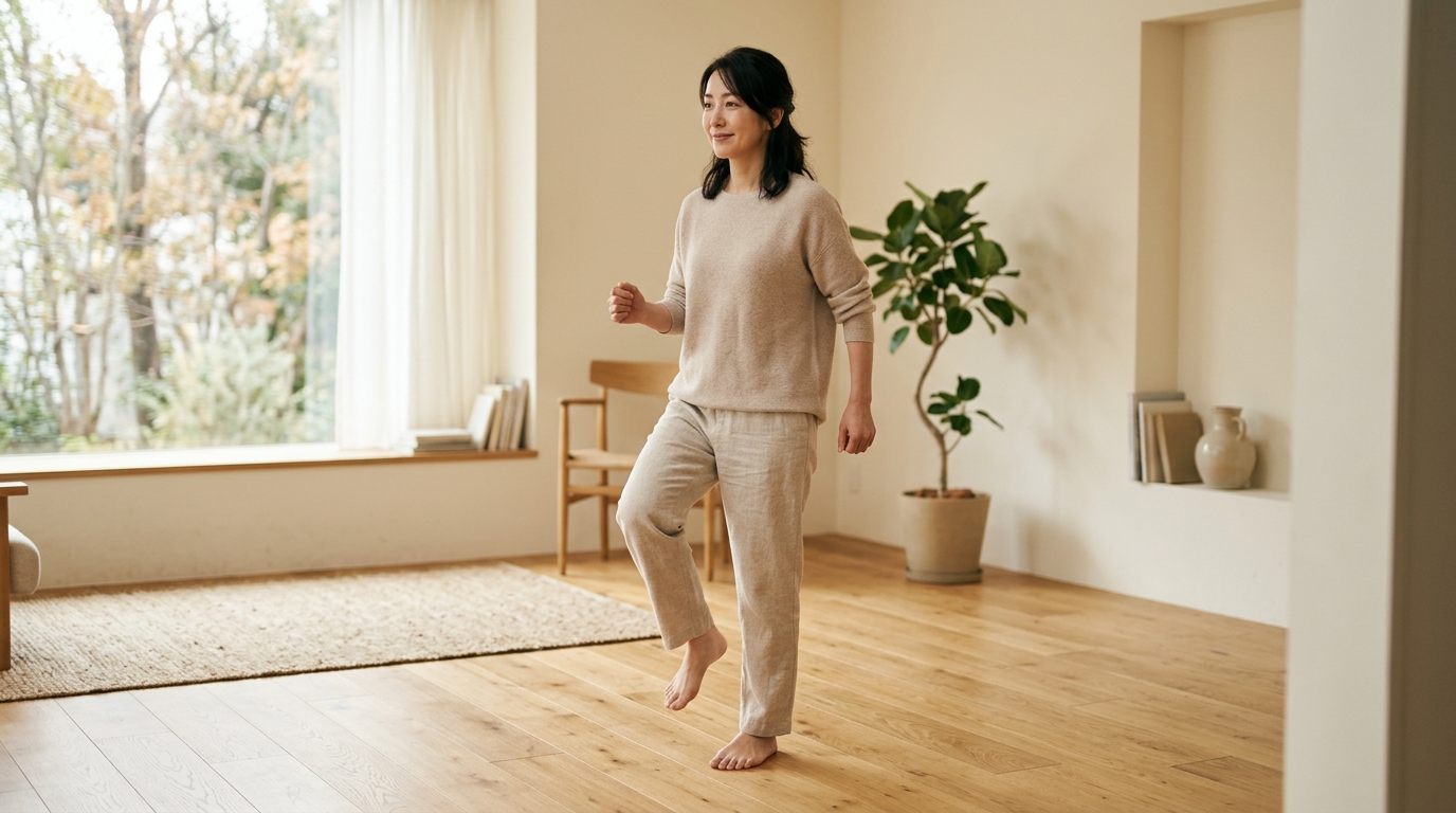 家で足踏みをして確認する様子