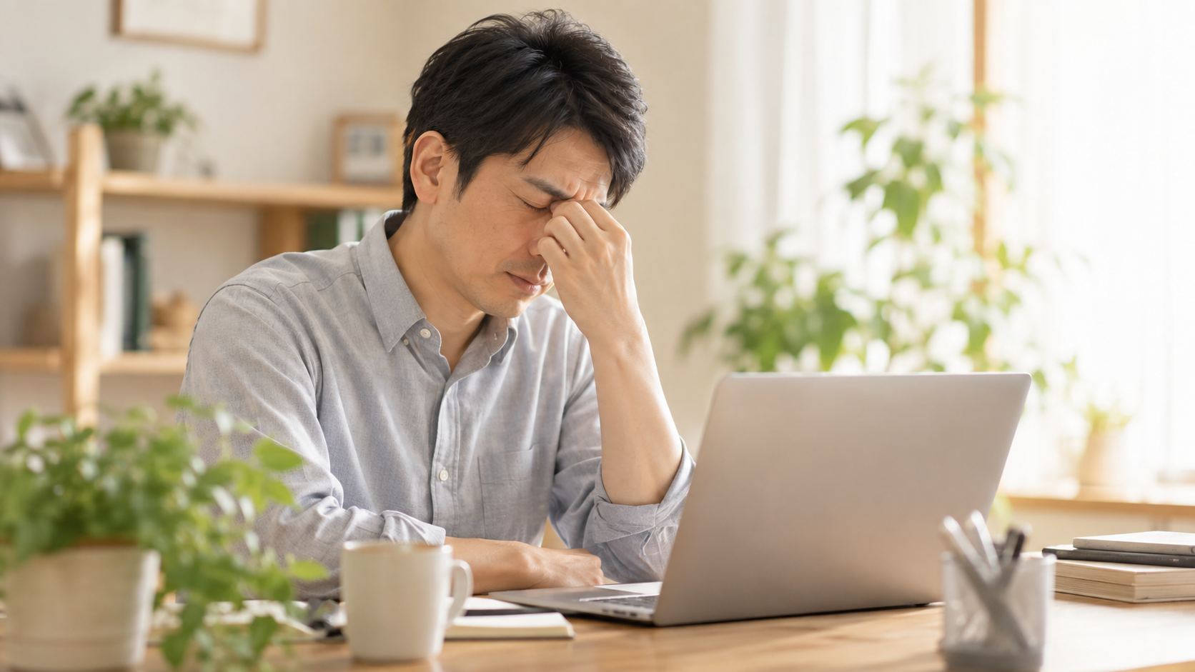 デスクで鼻をつまんでつらそうにしている40代男性