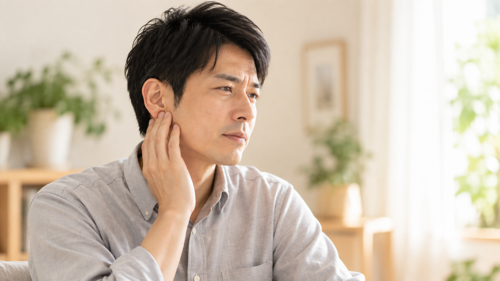 顎のあたりに手を当てている40代男性