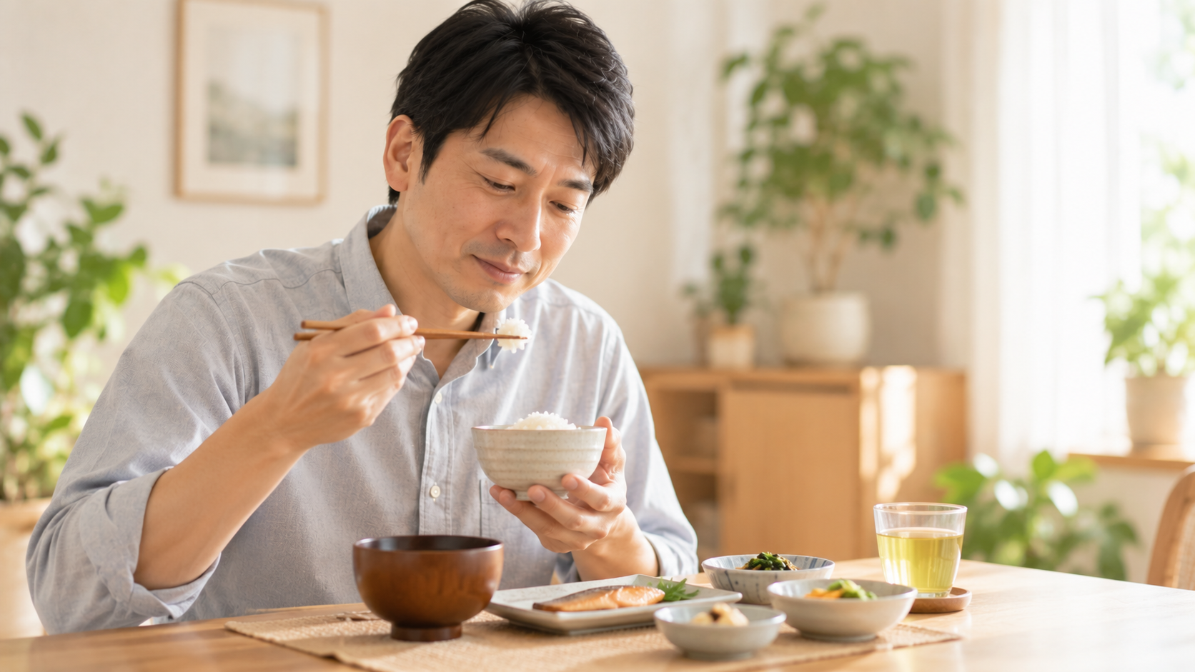 食卓でゆっくり食事をしている40代男性