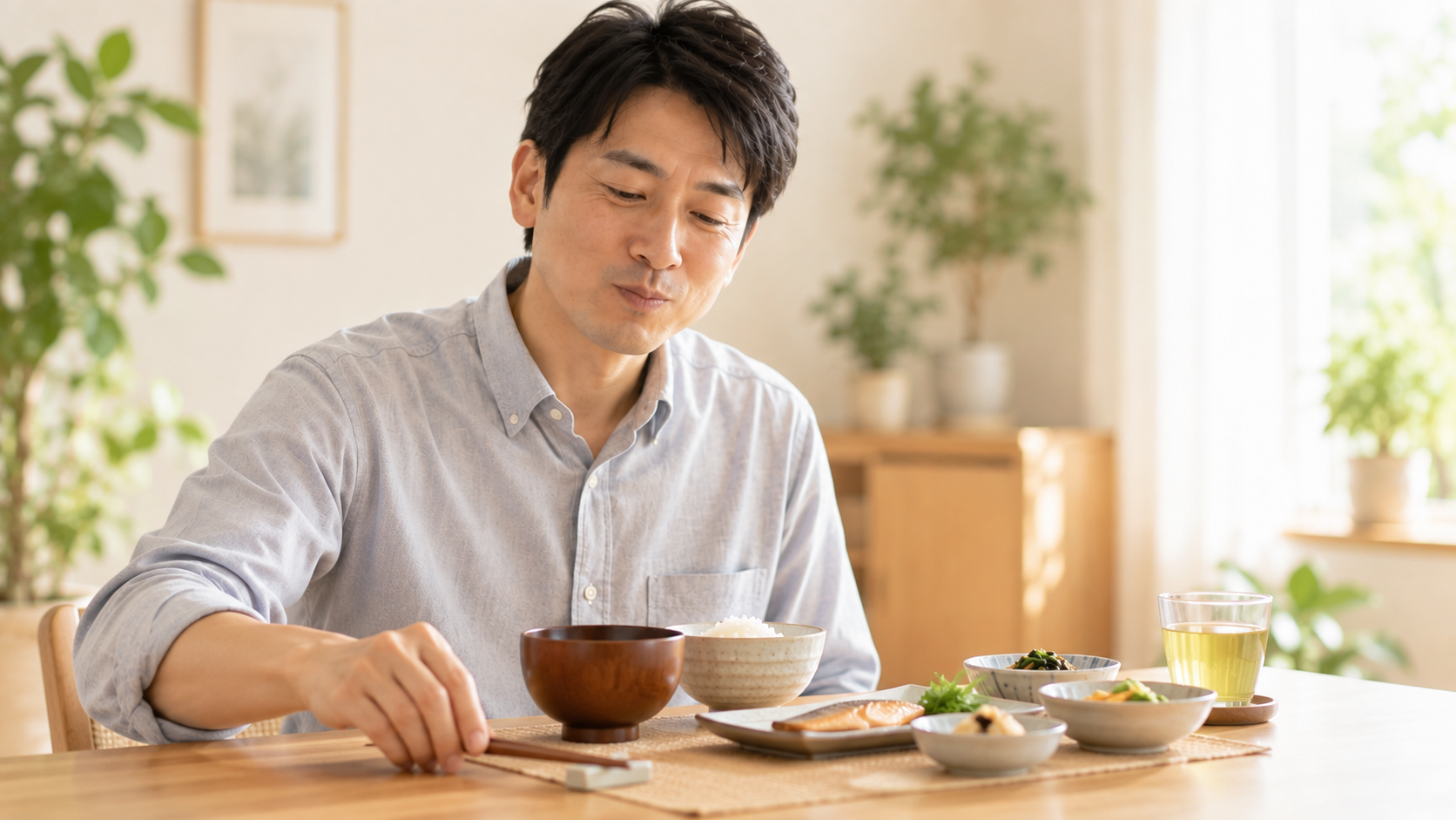 一口食べたら箸を置いている様子