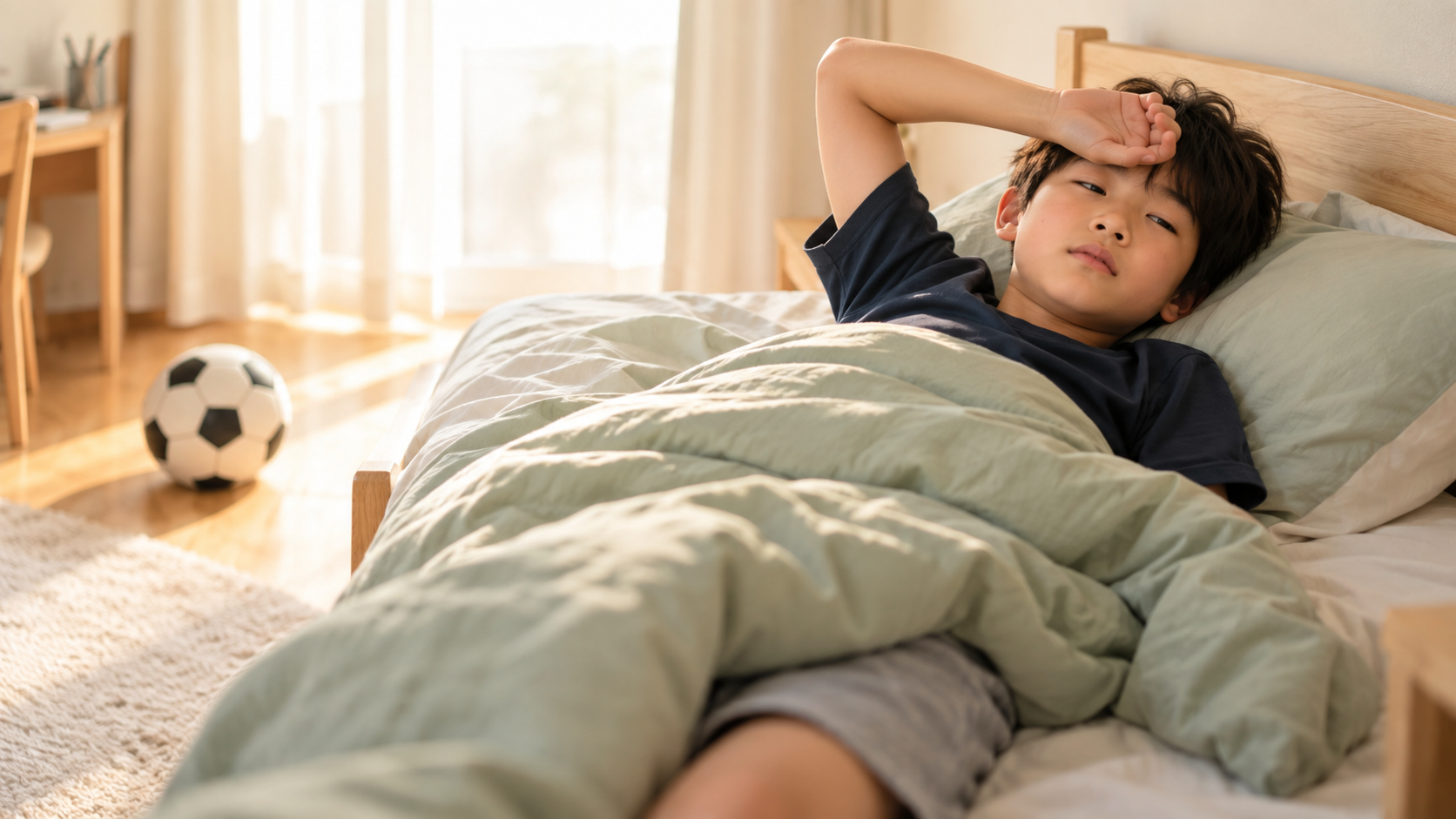 朝、布団から起き上がれずにいる小学生の男の子