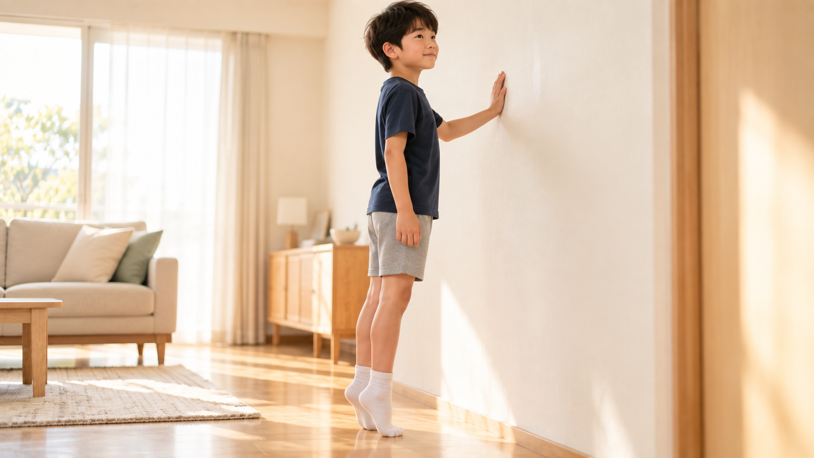 壁に手を添えてかかとの上げ下げ運動をする男の子